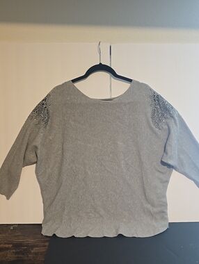 Women's Gray Beaded Shoulder Scoop-Neck Sweater